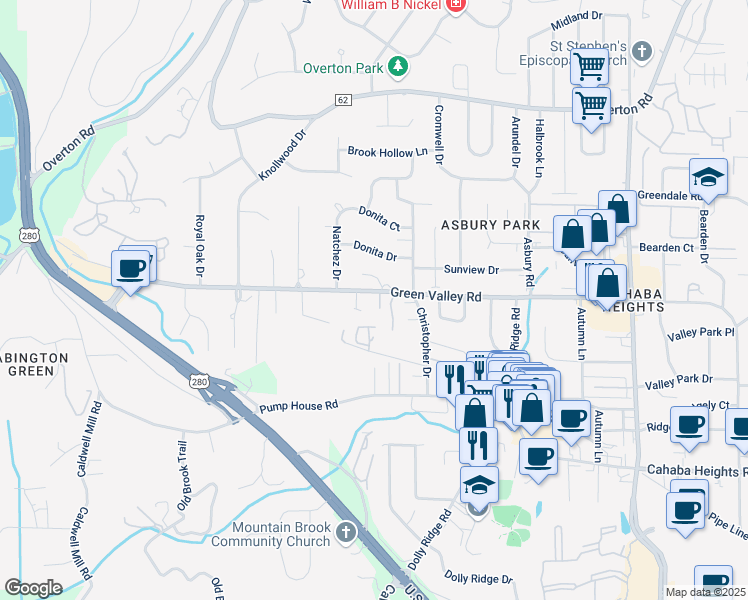 map of restaurants, bars, coffee shops, grocery stores, and more near 2977 Green Valley Road in Vestavia Hills