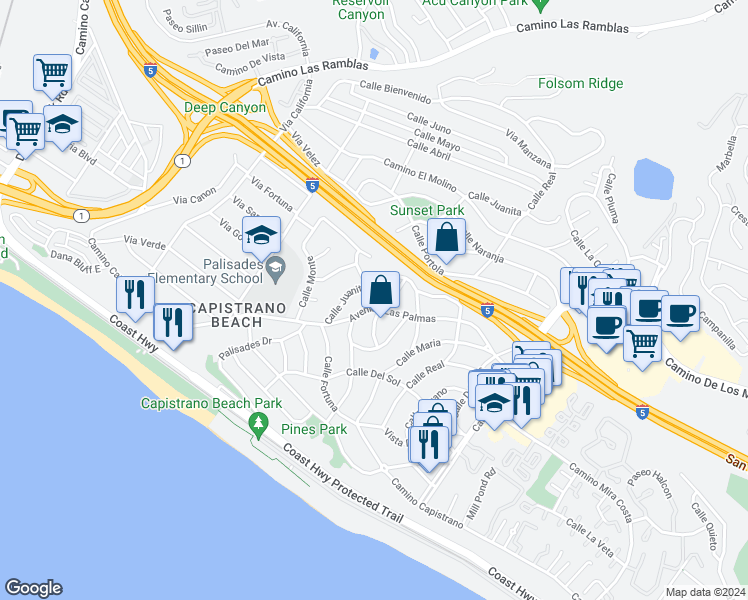 map of restaurants, bars, coffee shops, grocery stores, and more near 26753 Avenida Las Palmas in Dana Point
