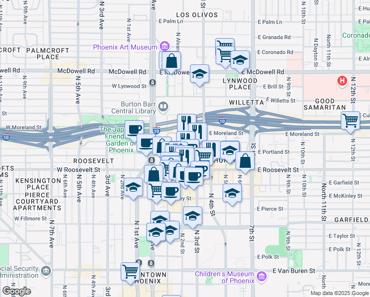map of restaurants, bars, coffee shops, grocery stores, and more near 206 East Portland Street in Phoenix