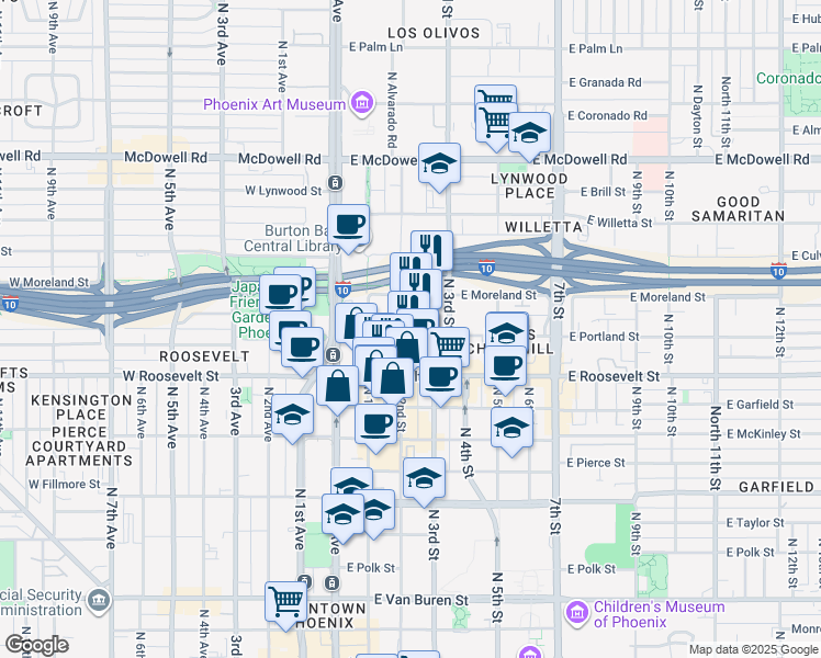 map of restaurants, bars, coffee shops, grocery stores, and more near 206 East Portland Street in Phoenix