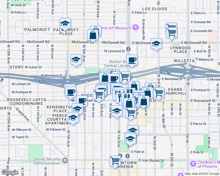 map of restaurants, bars, coffee shops, grocery stores, and more near 208 West Portland Street in Phoenix