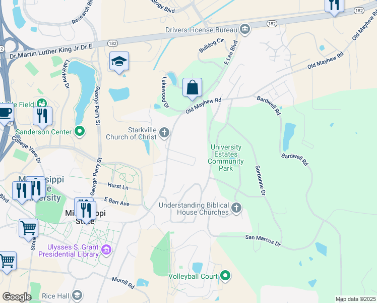 map of restaurants, bars, coffee shops, grocery stores, and more near 604 East Lee Boulevard in Starkville