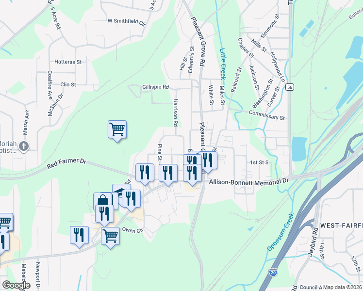 map of restaurants, bars, coffee shops, grocery stores, and more near 209 Woodward Drive in Hueytown