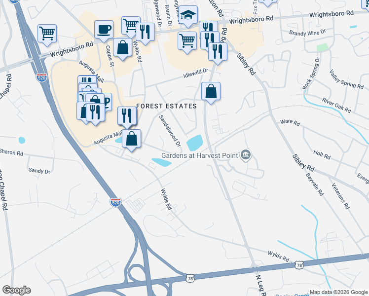 map of restaurants, bars, coffee shops, grocery stores, and more near 1724 Sandalwood Drive in Augusta