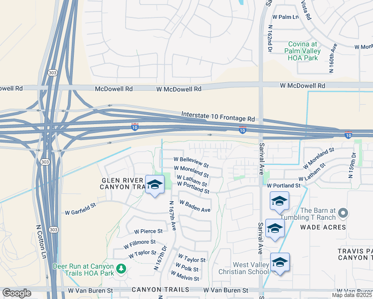 map of restaurants, bars, coffee shops, grocery stores, and more near 1293 North 166th Drive in Goodyear