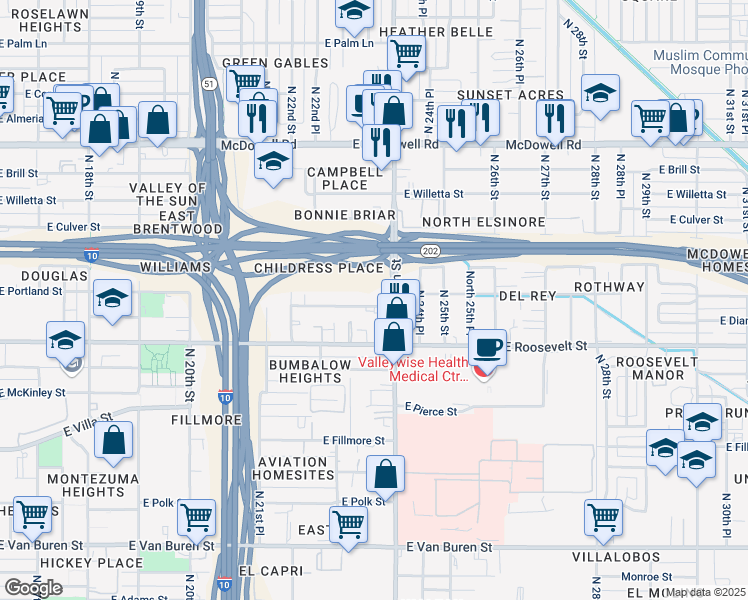 map of restaurants, bars, coffee shops, grocery stores, and more near 1106 North 24th Place in Phoenix