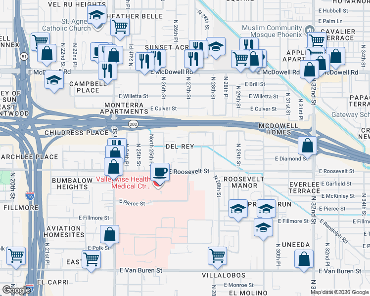 map of restaurants, bars, coffee shops, grocery stores, and more near 1062 North 27th Street in Phoenix