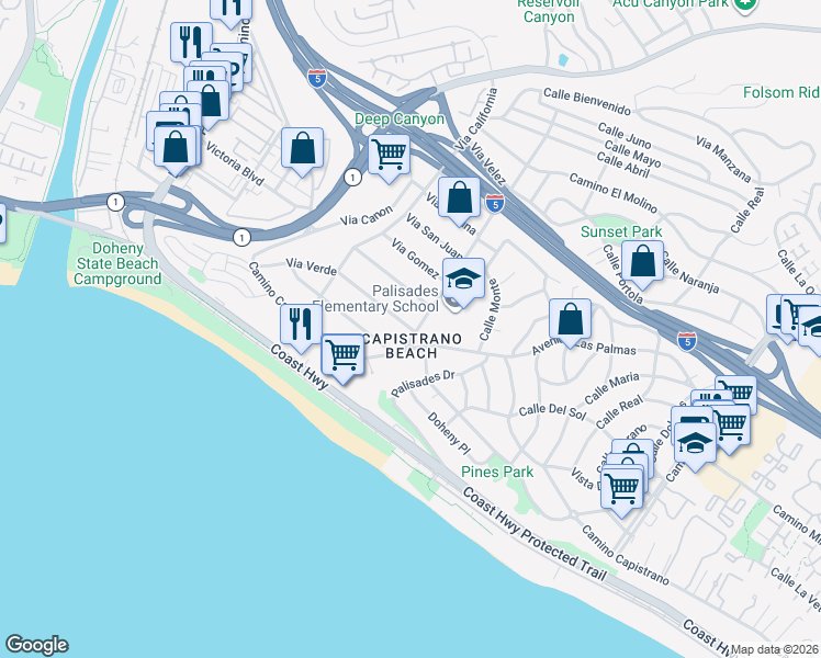 map of restaurants, bars, coffee shops, grocery stores, and more near 34591 Via Verde in Dana Point