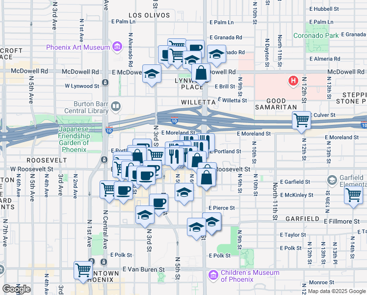 map of restaurants, bars, coffee shops, grocery stores, and more near in Phoenix
