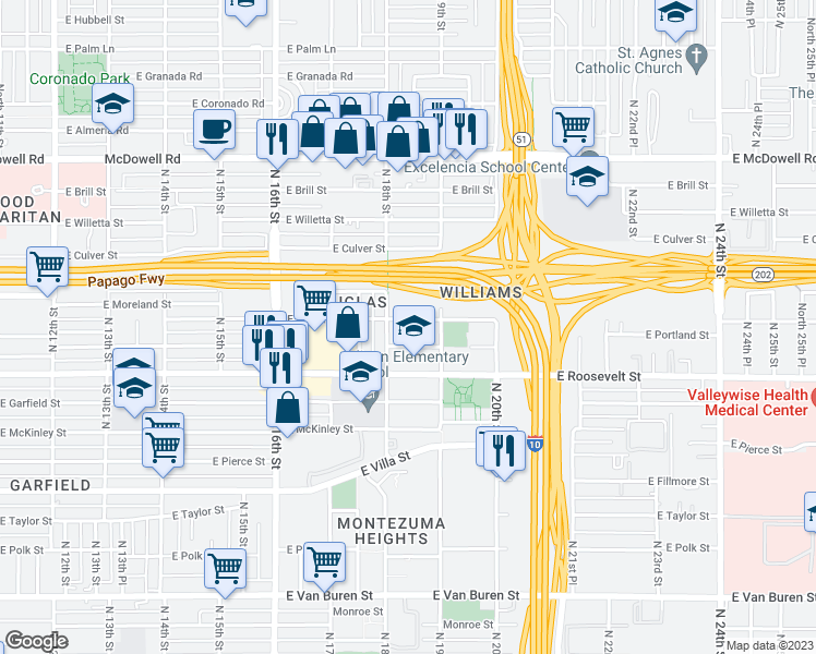 map of restaurants, bars, coffee shops, grocery stores, and more near 1817 East Portland Street in Phoenix