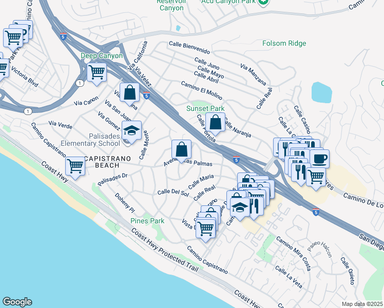 map of restaurants, bars, coffee shops, grocery stores, and more near 34602 Calle Rosita in Dana Point