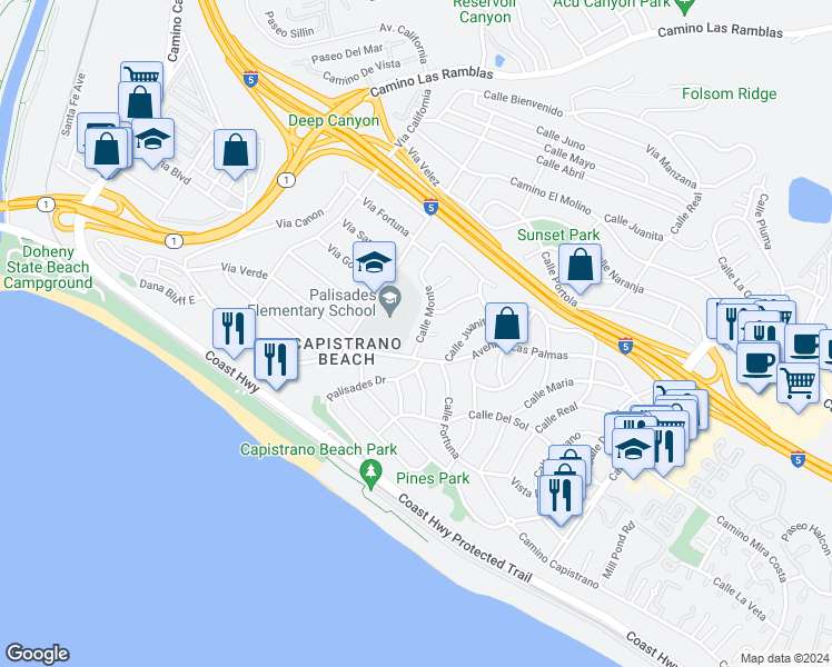 map of restaurants, bars, coffee shops, grocery stores, and more near 34611 Calle Monte in Dana Point