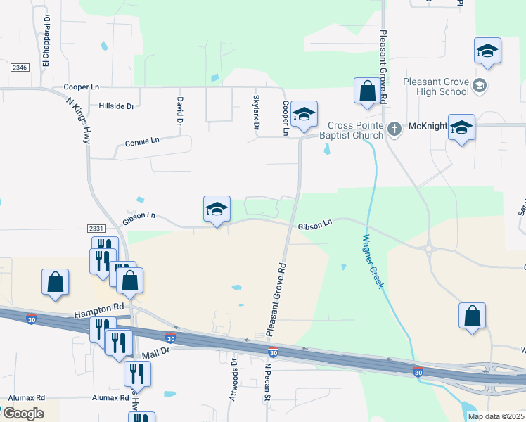 map of restaurants, bars, coffee shops, grocery stores, and more near 6210 Gibson Lane in Texarkana