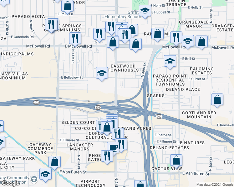 map of restaurants, bars, coffee shops, grocery stores, and more near 1111 North 44th Street in Phoenix