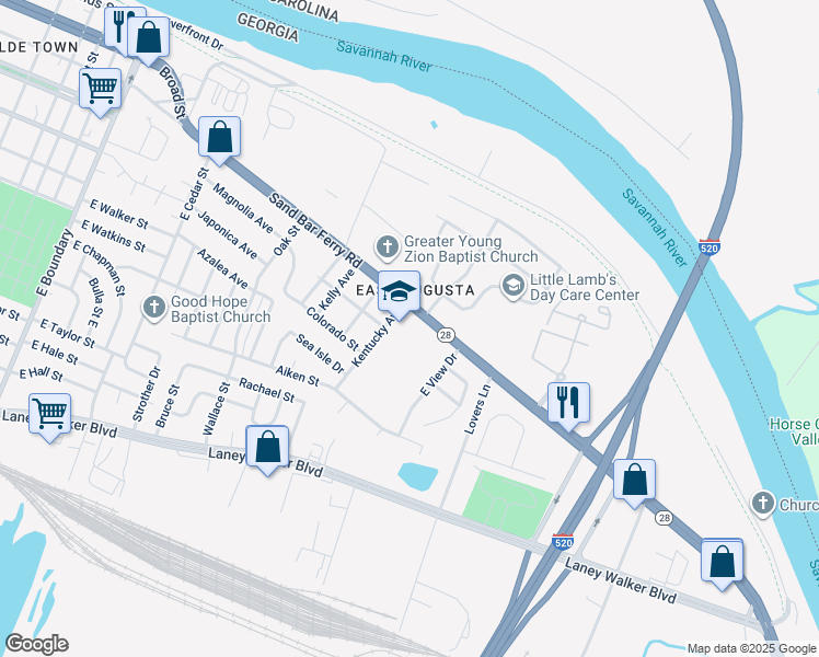 map of restaurants, bars, coffee shops, grocery stores, and more near 310 Kentucky Avenue in Augusta