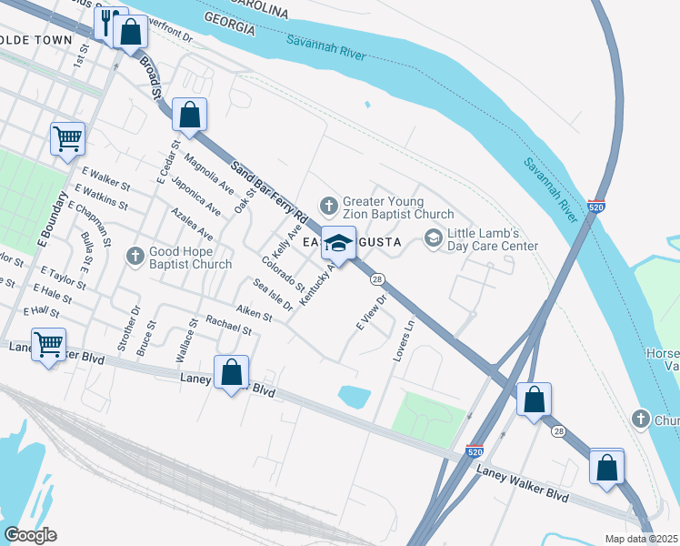 map of restaurants, bars, coffee shops, grocery stores, and more near 310 Kentucky Avenue in Augusta