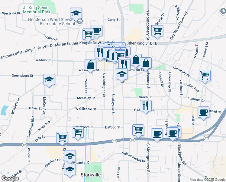 map of restaurants, bars, coffee shops, grocery stores, and more near 300 South Lafayette Street in Starkville