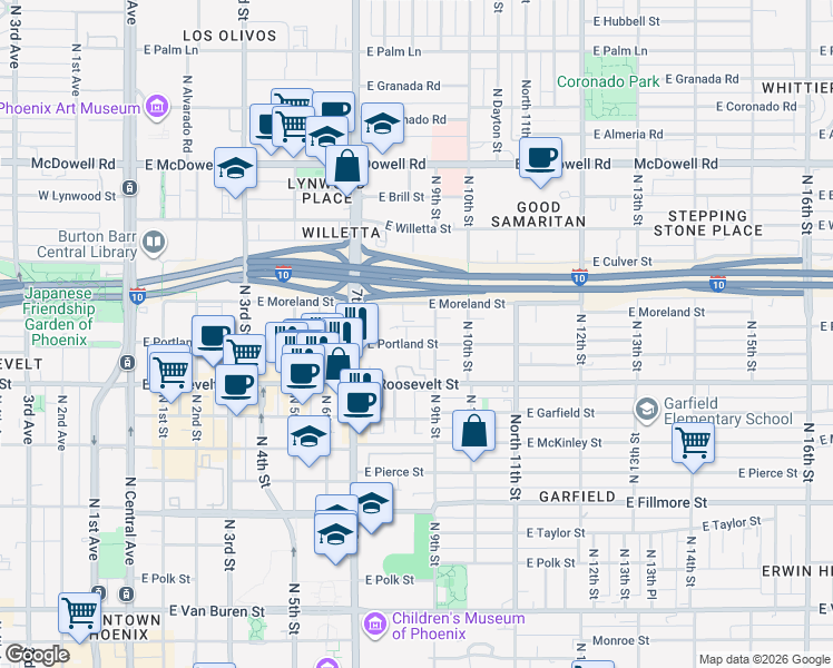 map of restaurants, bars, coffee shops, grocery stores, and more near 756 East Portland Street in Phoenix