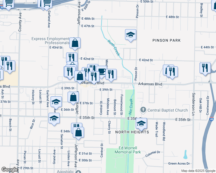 map of restaurants, bars, coffee shops, grocery stores, and more near 1720 Arkansas Boulevard in Texarkana