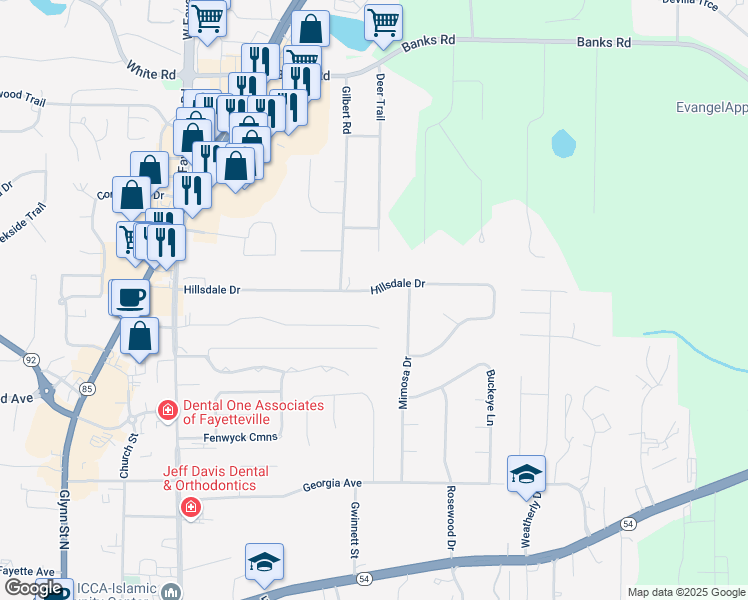 map of restaurants, bars, coffee shops, grocery stores, and more near 325 Hillsdale Drive in Fayetteville