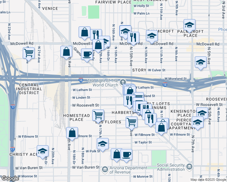 map of restaurants, bars, coffee shops, grocery stores, and more near 1605 West Latham Street in Phoenix