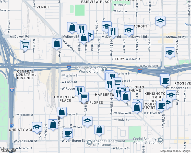 map of restaurants, bars, coffee shops, grocery stores, and more near 1605 West Latham Street in Phoenix