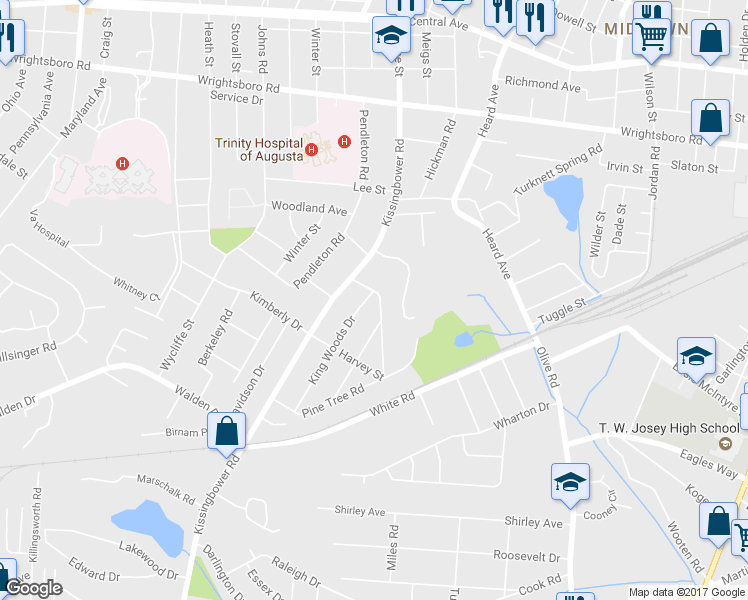 map of restaurants, bars, coffee shops, grocery stores, and more near 1705 Holly Hill Road in Augusta