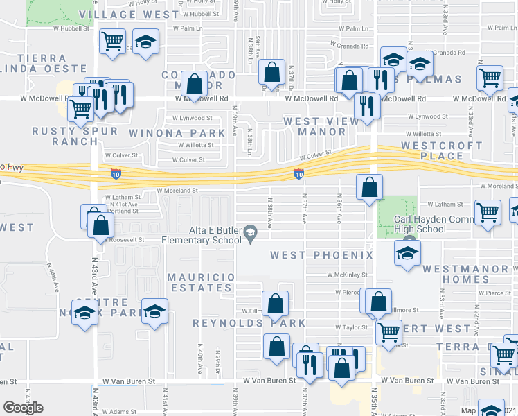 map of restaurants, bars, coffee shops, grocery stores, and more near 3815 West Latham Street in Phoenix