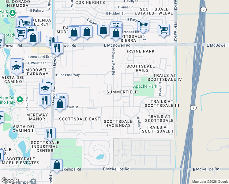 map of restaurants, bars, coffee shops, grocery stores, and more near 1131 North Granite Reef Road in Scottsdale