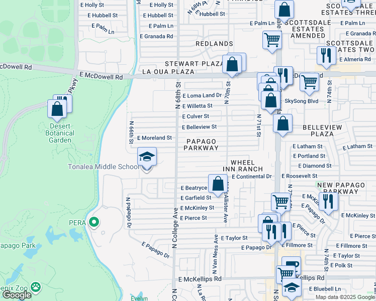 map of restaurants, bars, coffee shops, grocery stores, and more near 6813 East Latham Street in Scottsdale