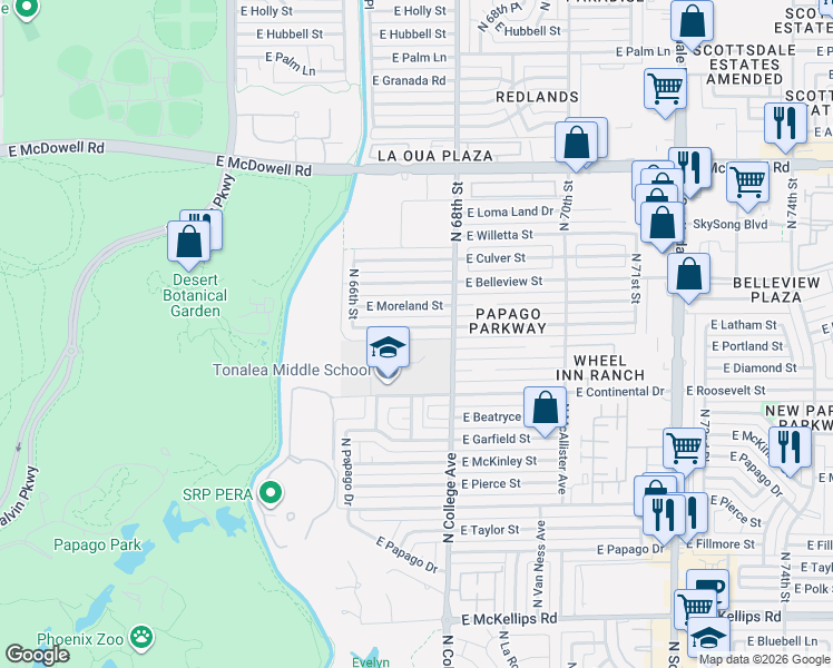 map of restaurants, bars, coffee shops, grocery stores, and more near 6725 East Latham Street in Scottsdale
