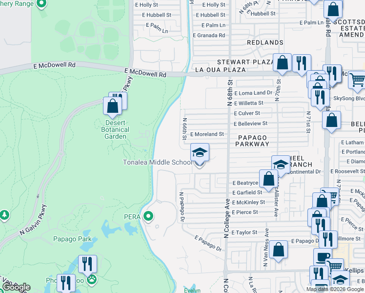 map of restaurants, bars, coffee shops, grocery stores, and more near 1202 North 66th Street in Scottsdale