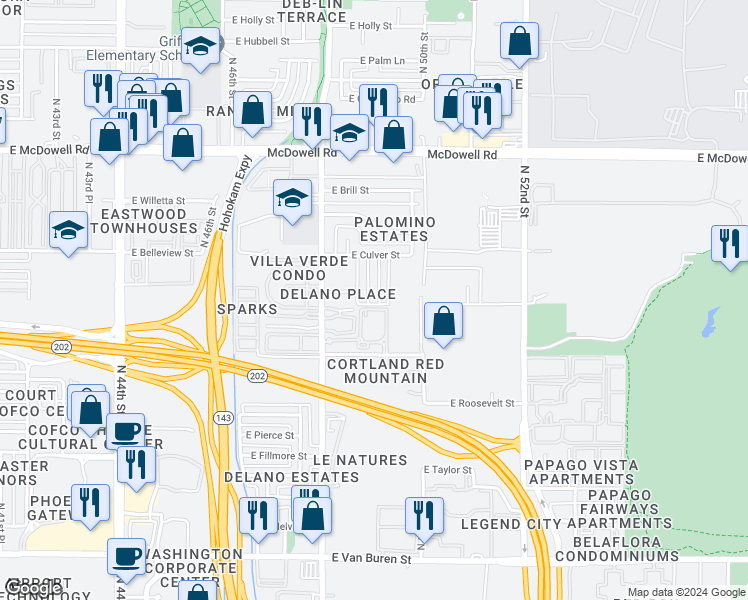 map of restaurants, bars, coffee shops, grocery stores, and more near 1128 North 49th Street in Phoenix
