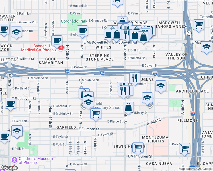 map of restaurants, bars, coffee shops, grocery stores, and more near 1444 East Portland Street in Phoenix