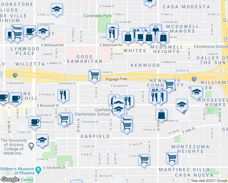 map of restaurants, bars, coffee shops, grocery stores, and more near 1124 North 13th Street in Phoenix