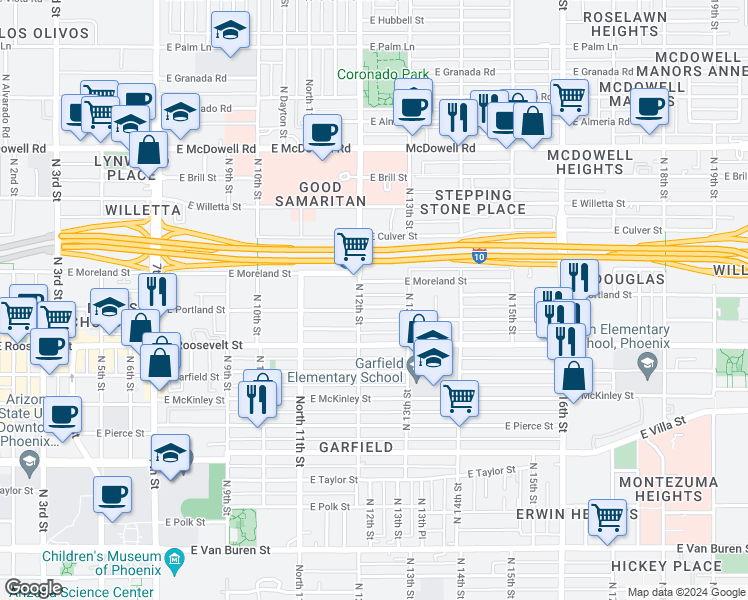 map of restaurants, bars, coffee shops, grocery stores, and more near 1206 East Portland Street in Phoenix