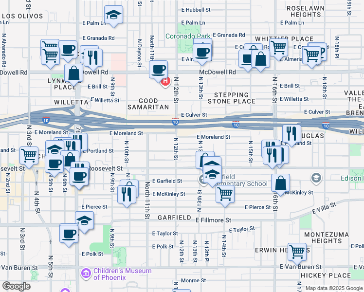 map of restaurants, bars, coffee shops, grocery stores, and more near 1206 East Portland Street in Phoenix