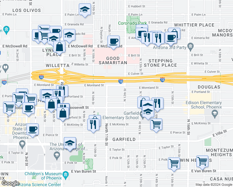 map of restaurants, bars, coffee shops, grocery stores, and more near 1136 East Portland Street in Phoenix
