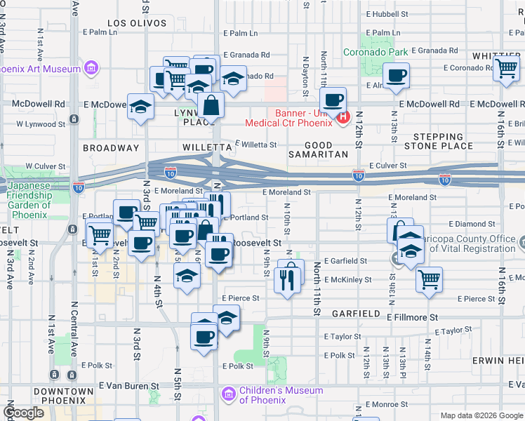 map of restaurants, bars, coffee shops, grocery stores, and more near 1115 North 9th Street in Phoenix