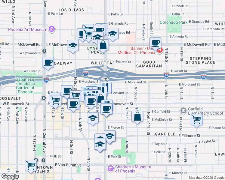 map of restaurants, bars, coffee shops, grocery stores, and more near 744 East Portland Street in Phoenix