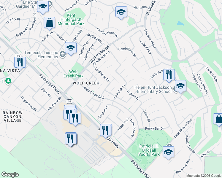 map of restaurants, bars, coffee shops, grocery stores, and more near 32058 Woodside Court in Temecula