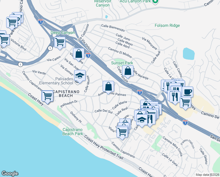 map of restaurants, bars, coffee shops, grocery stores, and more near 26746 Calle Juanita in Dana Point