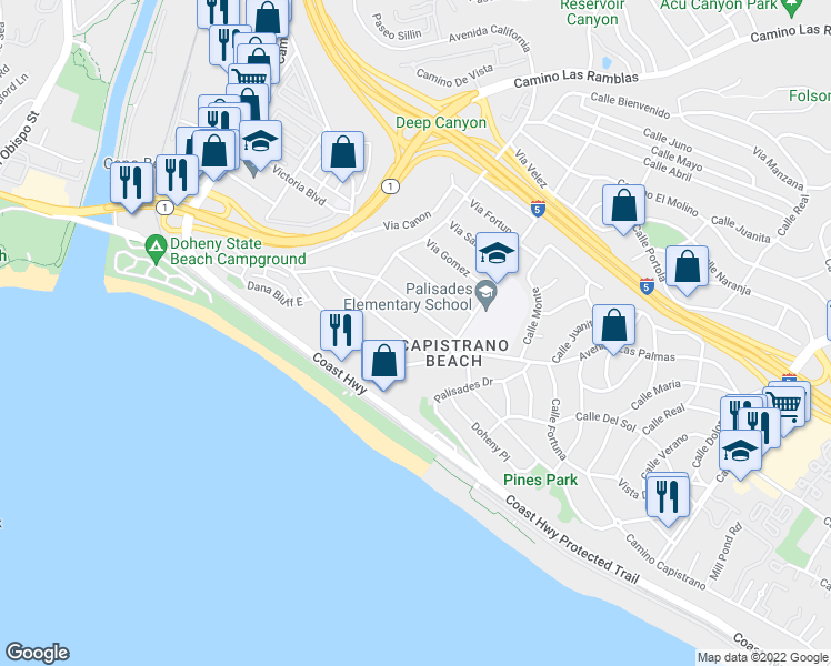 map of restaurants, bars, coffee shops, grocery stores, and more near 34626 Via Catalina in Dana Point