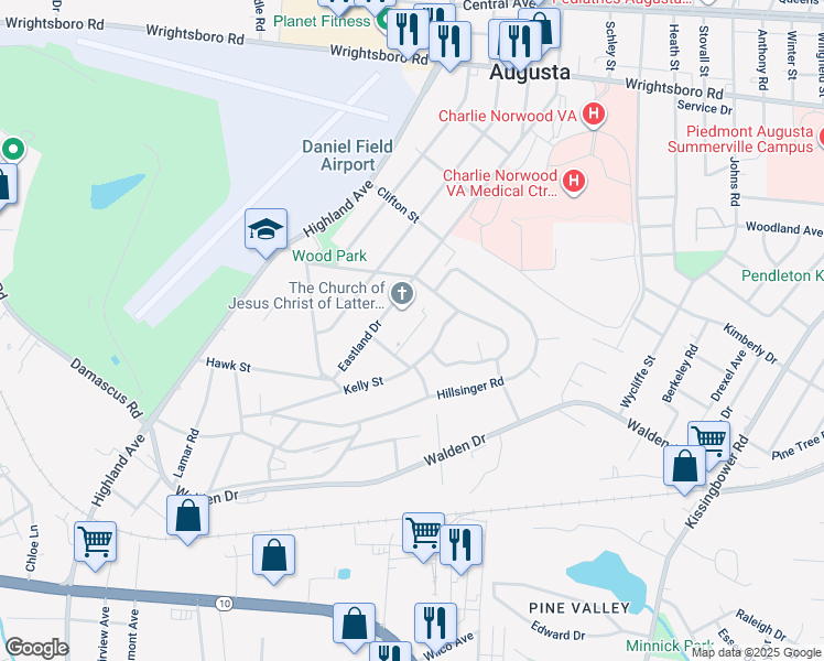 map of restaurants, bars, coffee shops, grocery stores, and more near 2112 Eastland Drive in Augusta