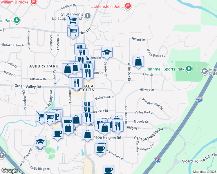 map of restaurants, bars, coffee shops, grocery stores, and more near 3969 Bearden Drive in Vestavia Hills