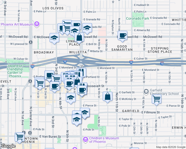 map of restaurants, bars, coffee shops, grocery stores, and more near 744 East Portland Street in Phoenix