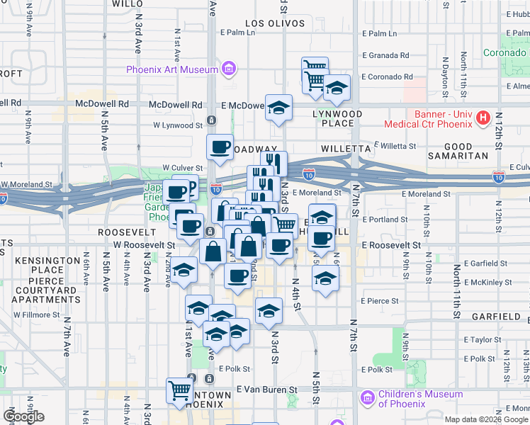 map of restaurants, bars, coffee shops, grocery stores, and more near 1109 North 2nd Street in Phoenix