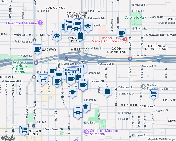 map of restaurants, bars, coffee shops, grocery stores, and more near 744 East Portland Street in Phoenix