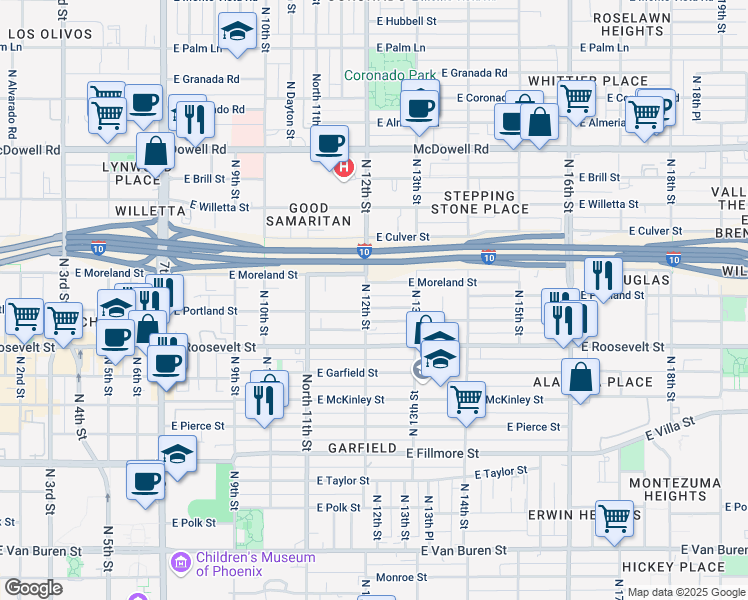 map of restaurants, bars, coffee shops, grocery stores, and more near 1206 East Portland Street in Phoenix