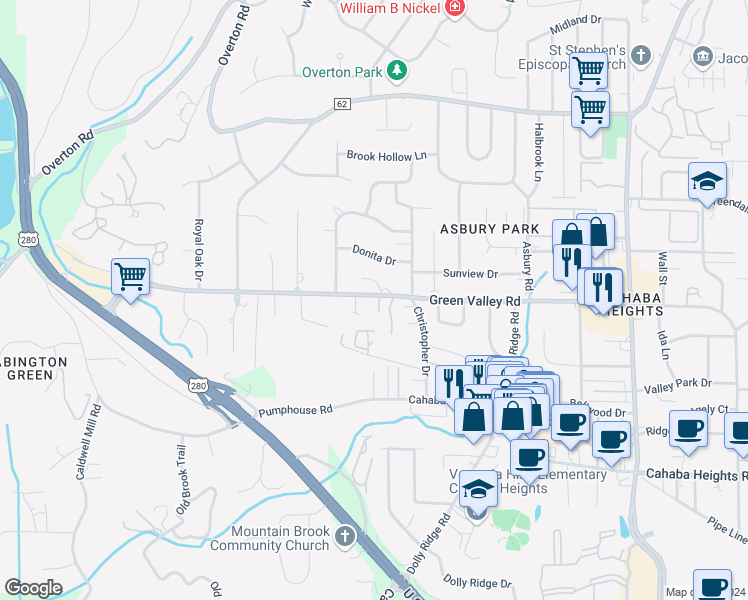 map of restaurants, bars, coffee shops, grocery stores, and more near 2977 Green Valley Road in Vestavia Hills